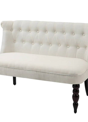 Scandinavian 2 Seater Button Tufted Loveseat Wooden Legs Cream White Linen