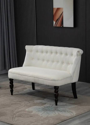Scandinavian 2 Seater Button Tufted Loveseat Wooden Legs Cream White Linen