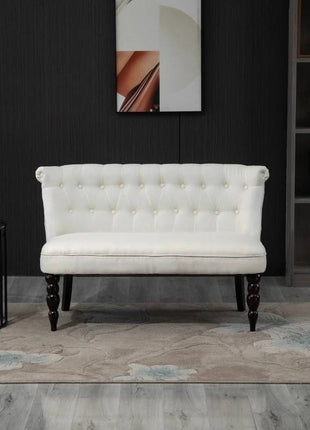Scandinavian 2 Seater Button Tufted Loveseat Wooden Legs Cream White Linen