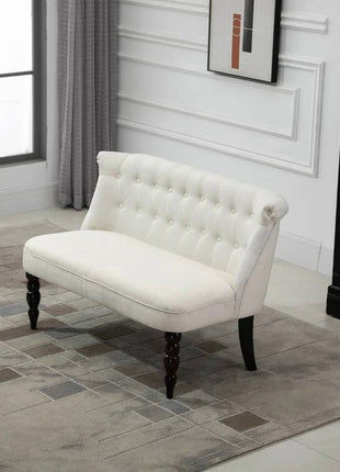 Scandinavian 2 Seater Button Tufted Loveseat Wooden Legs Cream White Linen