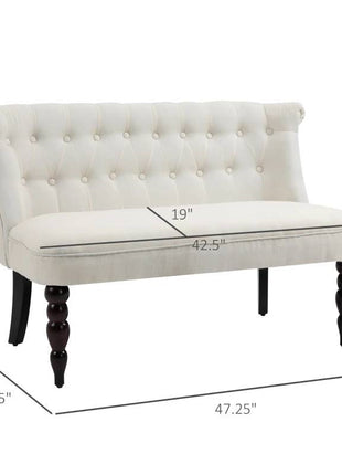 Scandinavian 2 Seater Button Tufted Loveseat Wooden Legs Cream White Linen