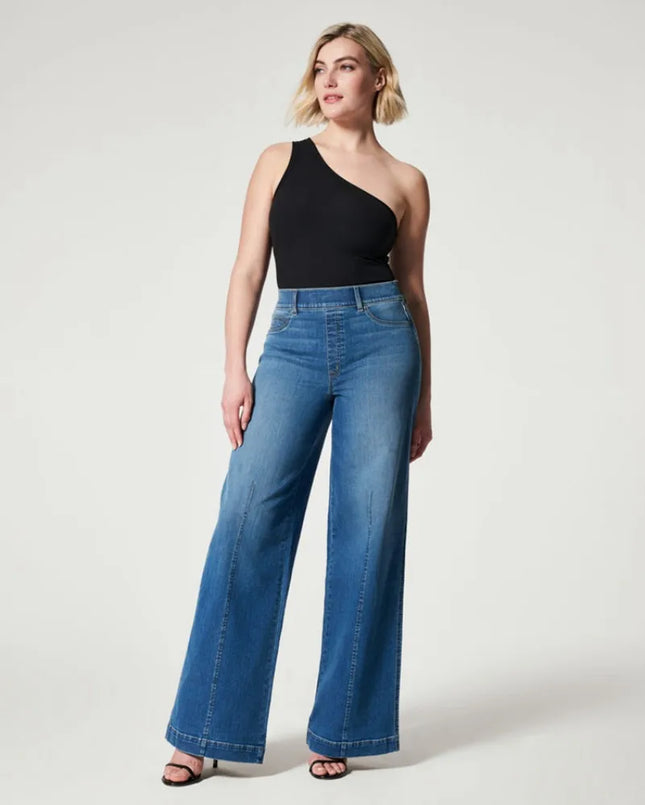 2023 Hot Sale Women's High Stretch Elastic Waist Jeans Fashion Mid Waist Denim Wide Leg Pants Casual Female Trousers S-2XL
