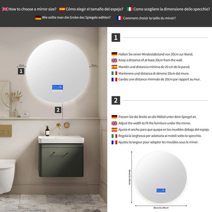 80×80cm LED Round Mirror with 3 Light Colours Adjustable, with Touch Switch, with Anti-Fog and Temperature Display Function