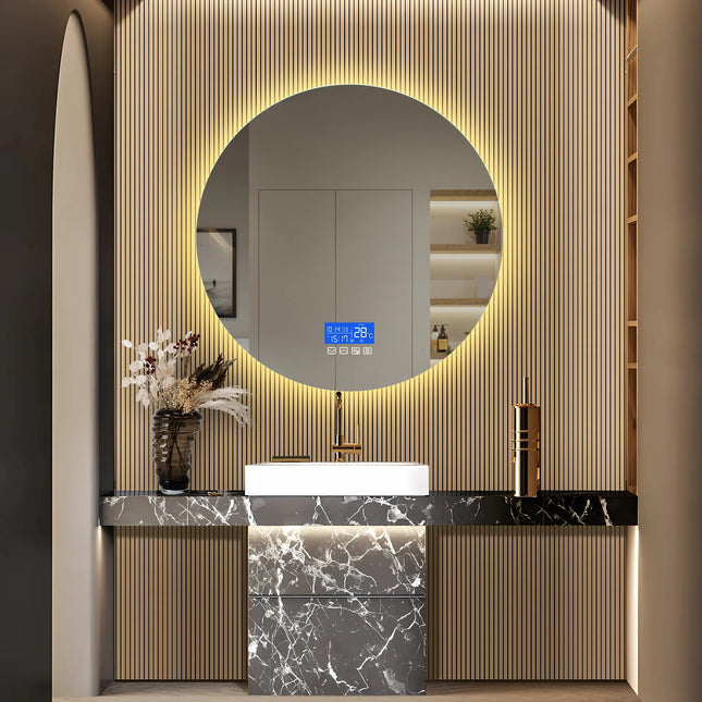 80×80cm LED Round Mirror with 3 Light Colours Adjustable, with Touch Switch, with Anti-Fog and Temperature Display Function