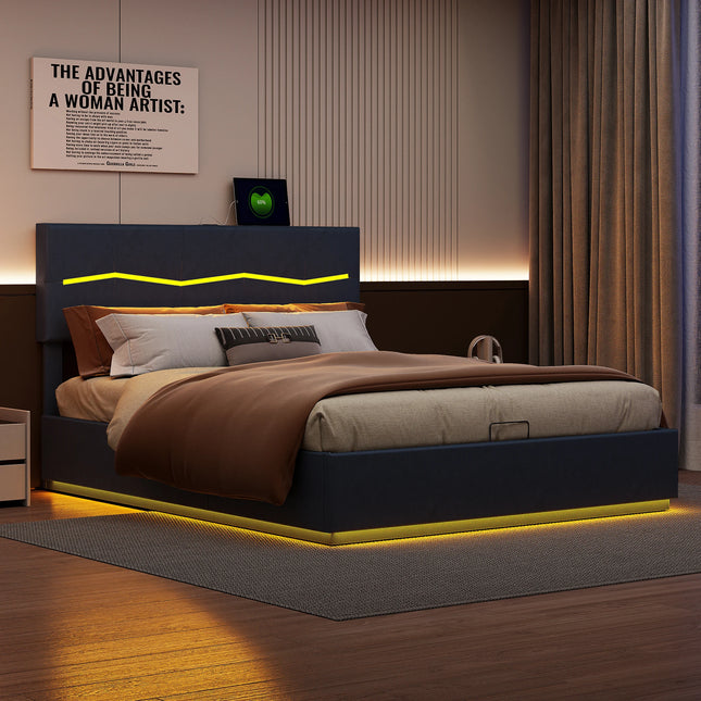 Double bed Padded lifting storage bed with LED and USB ports Leather material - 140x200 cm - black - without mattress