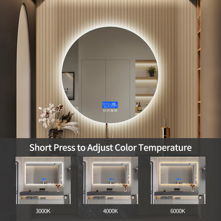 80×80cm LED Round Mirror with 3 Light Colours Adjustable, with Touch Switch, with Anti-Fog and Temperature Display Function