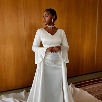 SoDigne Exquisite Muslim Wedding Dresses V Neck Bride Dresses Long Sleeves Satin Wedding Gown vestidos de novia Customized