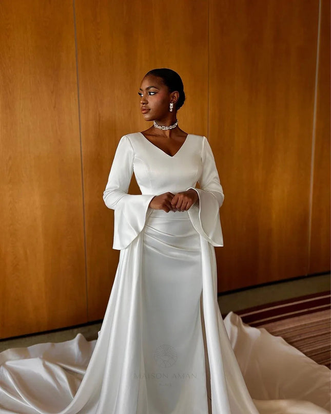 SoDigne Exquisite Muslim Wedding Dresses V Neck Bride Dresses Long Sleeves Satin Wedding Gown vestidos de novia Customized