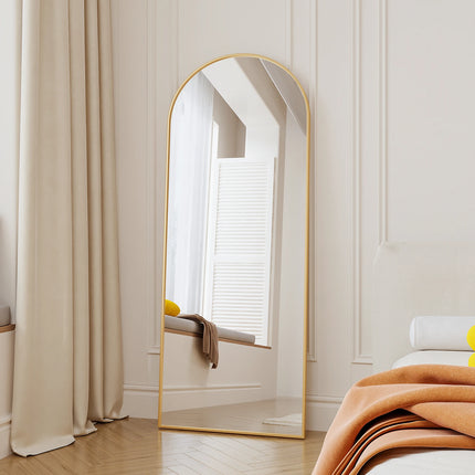 165x60cm Full Length Mirror, Curved Standing Mirror with Hooks, Floor Mirror with Tempered Glass and Aluminum Alloy Frame, Gold