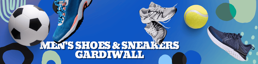 Promotional banner for Gardiwall men's shoes and sneakers with various sports equipment on a blue background.