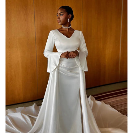 SoDigne Exquisite Muslim Wedding Dresses V Neck Bride Dresses Long Sleeves Satin Wedding Gown vestidos de novia Customized