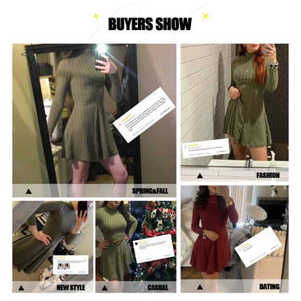 Mia Muse Women's Dresses Fall Winter Simple Solid Color Long Sleeve Mock Neck A Line High Waisted Flare Hem Casual Short Dresses