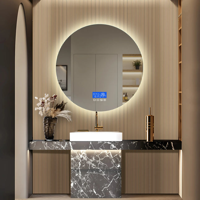 80×80cm LED Round Mirror with 3 Light Colours Adjustable, with Touch Switch, with Anti-Fog and Temperature Display Function