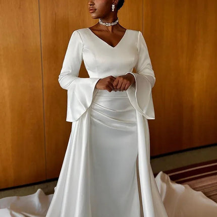 SoDigne Exquisite Muslim Wedding Dresses V Neck Bride Dresses Long Sleeves Satin Wedding Gown vestidos de novia Customized