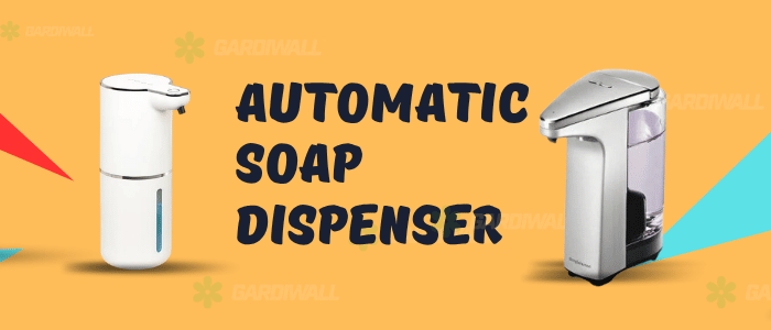 Automatic soap dispensers on a colorful background with text 'Automatic Soap Dispenser'.