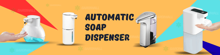 Automatic soap dispensers on a colorful background with text 'Automatic Soap Dispenser'.