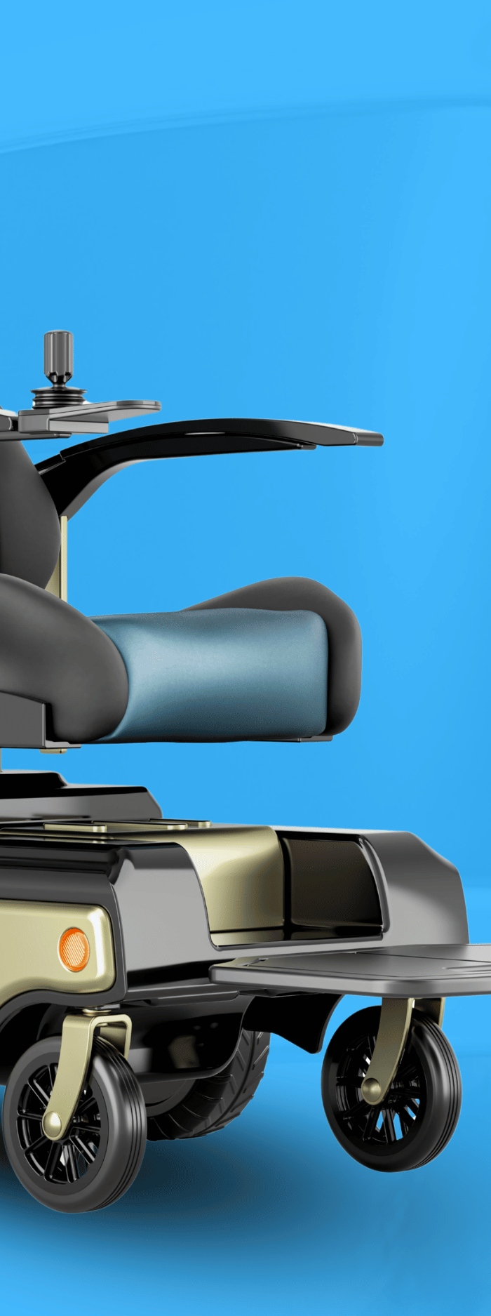 Two mobility scooters on a blue background with 'Mobility Scooters' text.