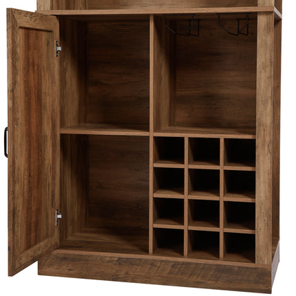 76-Inch Tall Rustic Oak Color Farmhouse Kitchen Faux Rattan Wine Cabinet, Kitchen Bar Cabinet with Square Compartments