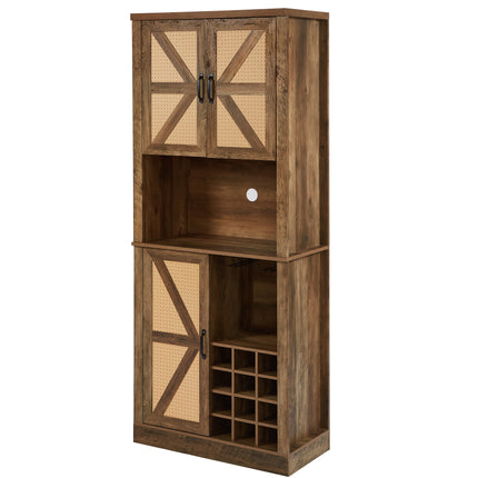 76-Inch Tall Rustic Oak Color Farmhouse Kitchen Faux Rattan Wine Cabinet, Kitchen Bar Cabinet with Square Compartments