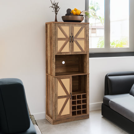 76-Inch Tall Rustic Oak Color Farmhouse Kitchen Faux Rattan Wine Cabinet, Kitchen Bar Cabinet with Square Compartments