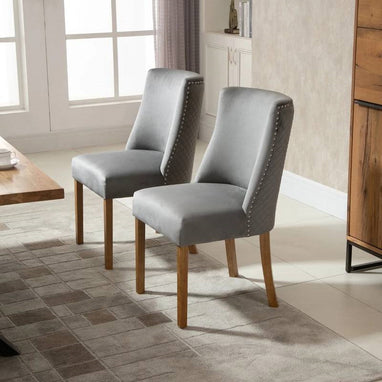 2 Modern Nailhead Diamond Stitch Upholstered Dining Chairs in Light Grey