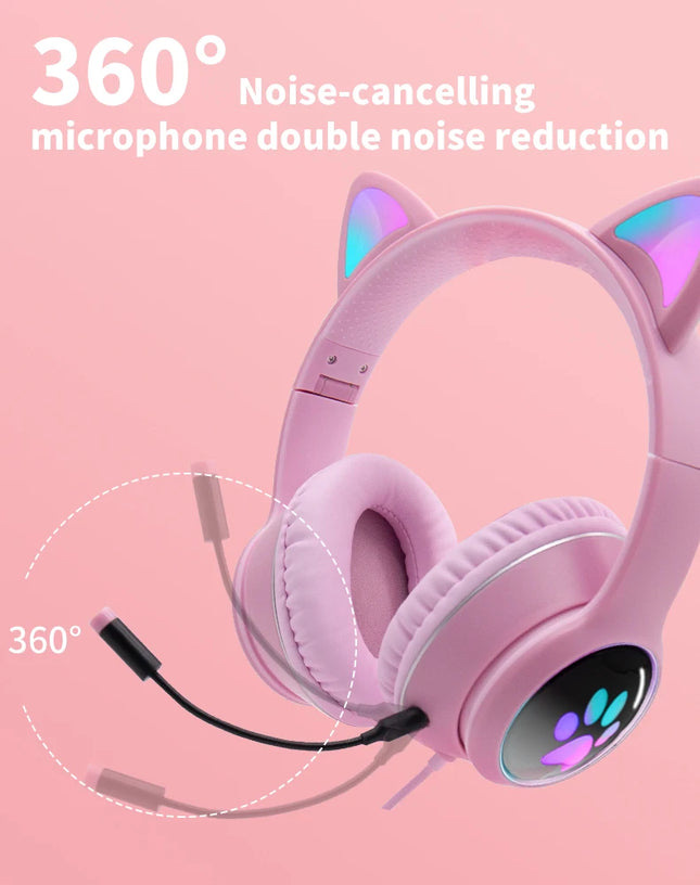 Cat Ear Gamer Headset Girl Cute Headset Double Noise-Cancelling Headphone With Microphone RGB Light Virtual 7.1
