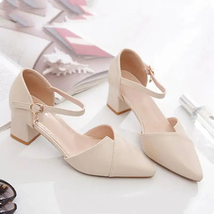 Women Sweet High Quality Beige Pu Leather Buckle Strap High Heel Shoes Lady Cool Comfort European Stylish Heel Shoes B9024