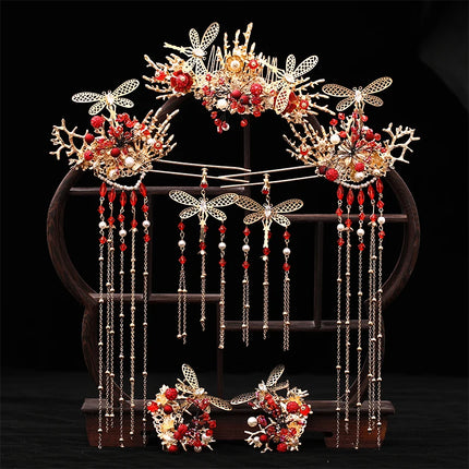 Chinese Long Hair Stick tiara Headpiece Women Hair Accessories Flower Crystal Pearl Hair Pins Handmade Hanfu Hair Jewelry Set