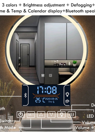 50CM/60cm Round Smart Makeup Bathroom Mirror 3 Color Adjustable LED LIght Multi-Function With Demist Bluetooth Speaker