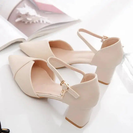 Women Sweet High Quality Beige Pu Leather Buckle Strap High Heel Shoes Lady Cool Comfort European Stylish Heel Shoes B9024