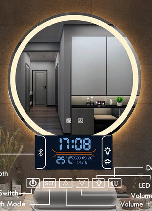 50CM/60cm Round Smart Makeup Bathroom Mirror 3 Color Adjustable LED LIght Multi-Function With Demist Bluetooth Speaker