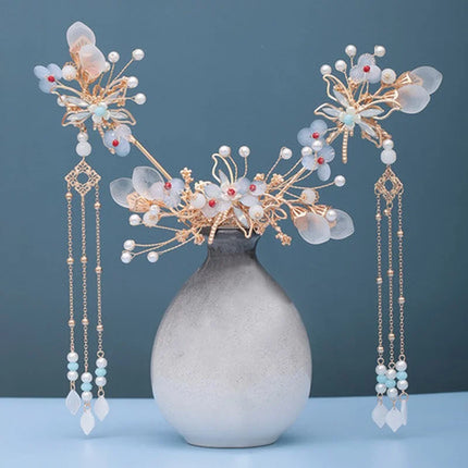 Chinese Long Hair Stick tiara Headpiece Women Hair Accessories Flower Crystal Pearl Hair Pins Handmade Hanfu Hair Jewelry Set