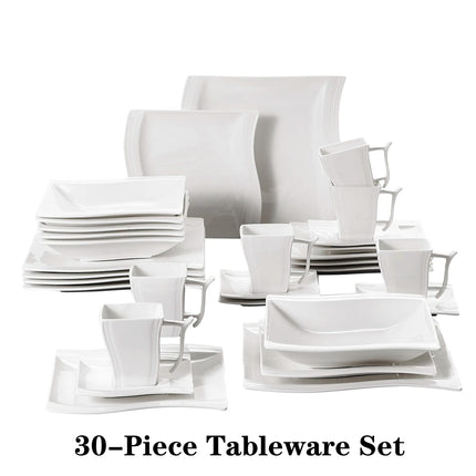 MALACASA 30/60 Piece White Porcelain Dinner Set with 12PCS Cup,Saucer,Dessert Soup Dinner Plate Tableware Set for 12 Person