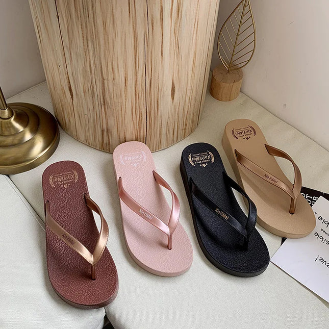 EOFK Women Flip Flops Wedges Casual Shinny Beach 3.5 Cm Height PVC Solid Summer Outside Slippers Soft Shoes