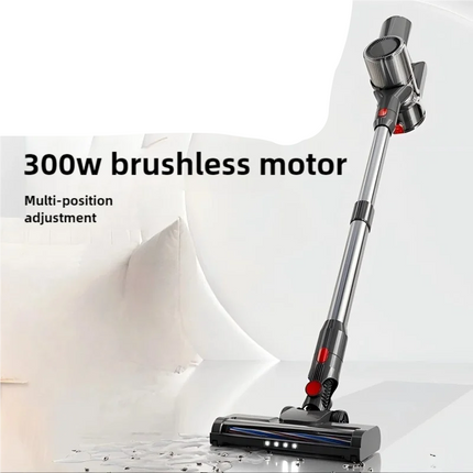 Stick vacuum cleaner with 300W brushless motor on a white background, featuring Amazon, eBay, Lazada, and Shopee logos.