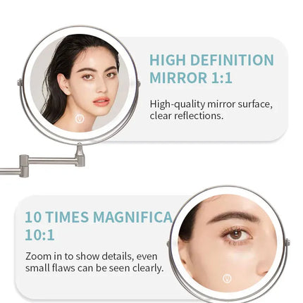 8 Inch Wall Mounted Bathroom Mirror Adjustable LED Makeup Mirror 10X Magnifying Touch Vanity Cosmetic Mirrors with Light