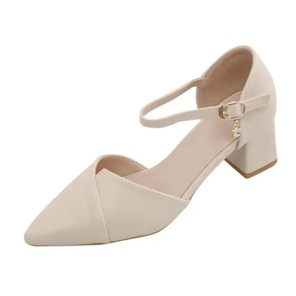 Women Sweet High Quality Beige Pu Leather Buckle Strap High Heel Shoes Lady Cool Comfort European Stylish Heel Shoes B9024