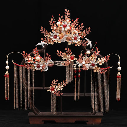 Chinese Long Hair Stick tiara Headpiece Women Hair Accessories Flower Crystal Pearl Hair Pins Handmade Hanfu Hair Jewelry Set