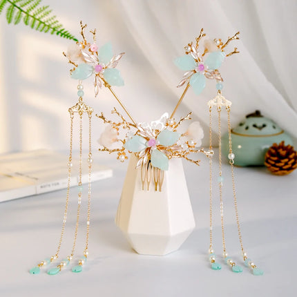 Chinese Long Hair Stick tiara Headpiece Women Hair Accessories Flower Crystal Pearl Hair Pins Handmade Hanfu Hair Jewelry Set