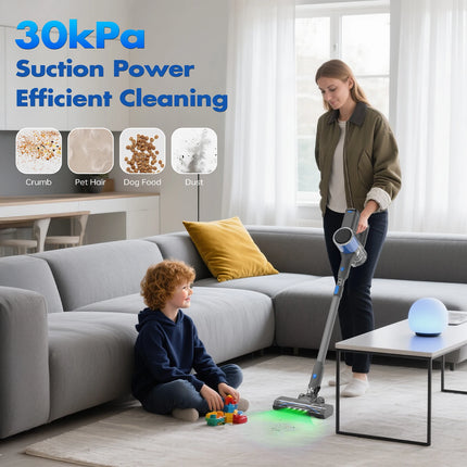30KPA Cordless Vacuum Cleaner Stick Vacuum with Anti-Tangle Brush Rechargeable Home Vacuum Cleaner