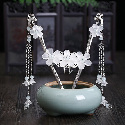 Chinese Long Hair Stick tiara Headpiece Women Hair Accessories Flower Crystal Pearl Hair Pins Handmade Hanfu Hair Jewelry Set