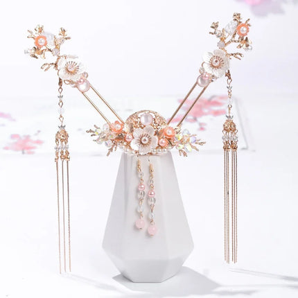Chinese Long Hair Stick tiara Headpiece Women Hair Accessories Flower Crystal Pearl Hair Pins Handmade Hanfu Hair Jewelry Set