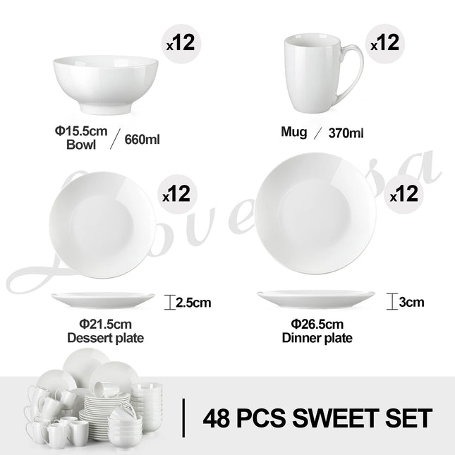 LOVECASA 16/32 Piece White Ceramic Porcelain Dinnerware Tableware Dinner Set with 4PCS Dinner Plate,Dessert Plate,Bowl,Mug Set