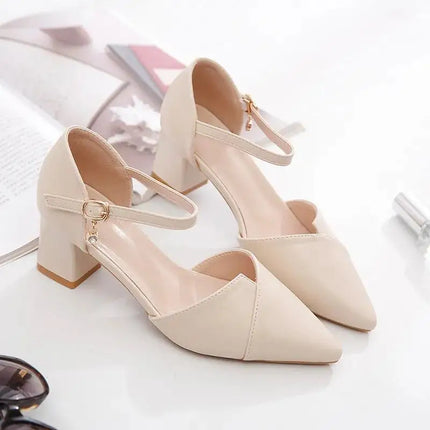 Women Sweet High Quality Beige Pu Leather Buckle Strap High Heel Shoes Lady Cool Comfort European Stylish Heel Shoes B9024