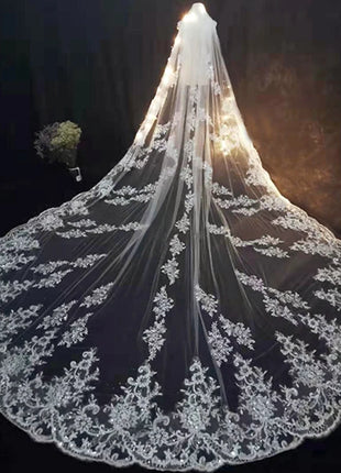 Luxury Long Bridal Veil White Ivory Wedding Veils With Comb Lace Edge Applique Elegant Cathedral Length Wedding Accessories