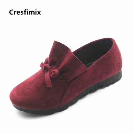 Cresfimix women cool & comfortable spring flat shoes lady cute bow tie wine red flats female leisure plus size slip on shoe a302