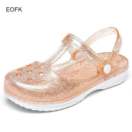 EOFK Summer Women Sandals Clogs Glitter Shinny Colors Lady Jelly Flat Comfort Sandals Hoof Shoes