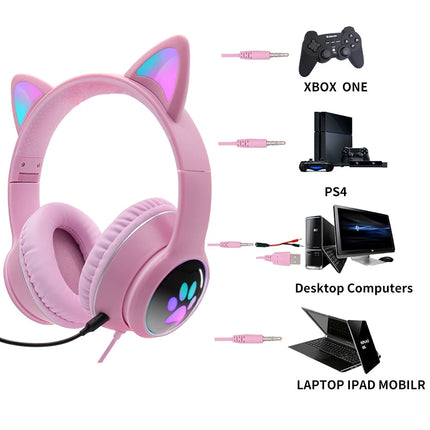 Cat Ear Gamer Headset Girl Cute Headset Double Noise-Cancelling Headphone With Microphone RGB Light Virtual 7.1