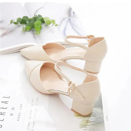 Women Sweet High Quality Beige Pu Leather Buckle Strap High Heel Shoes Lady Cool Comfort European Stylish Heel Shoes B9024