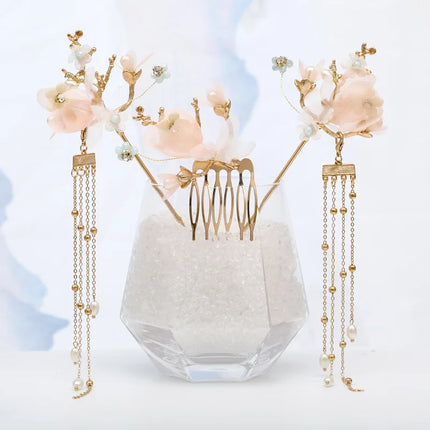 Chinese Long Hair Stick tiara Headpiece Women Hair Accessories Flower Crystal Pearl Hair Pins Handmade Hanfu Hair Jewelry Set